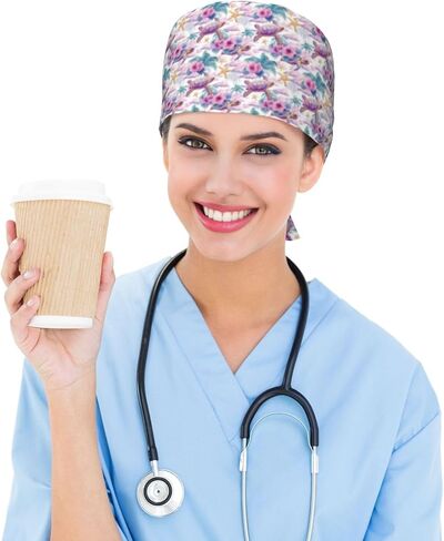 Pink Starfish Turtle Print Scrub Caps Women Men, Nurse Cap Surgical Caps Scrub Hats for Women Men, Adjustable Working Cap with Sweatband in Kuwait