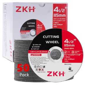 ZKH 50 Pack Cut Off Wheels 4 1/2 Inch, Thin Metal & Stainless Steel/INOX Cutting Wheel, Strong & Durable Metal Cutting Disc for Angle Grinder, 4.5" x .045" x 7/8" in Saudi Arabia