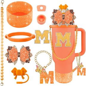 9PCS Orange for Stanley Cup Accessories Set Bling Initials Bow Charms for Stanley Decorations 30/40 Oz Tumbler Accessories Including Bow Straw Topper, Handle Strap, Spill Stopper（Letter M） in Saudi Arabia