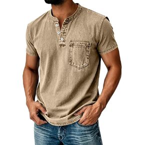 Distressed Henley Shirts for Men Acid Washed Oversized T Shirts Short Sleeve Summer Tops Stylish Vintage Plain Tees in Kuwait