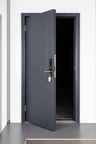 Modern Steel Security Entry Door, Matte Dark Gray, 37.8x84.6 Inch, with Smart Fingerprint Lock, Zinc Alloy Panel, Aluminum Foam Fill (Right-Hand Outward Opening Door) in Kuwait