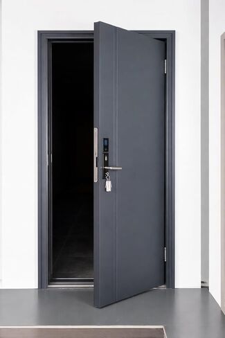 Modern Steel Security Entry Door, Matte Dark Gray, 37.8x84.6 Inch, with Smart Fingerprint Lock, Zinc Alloy Panel, Aluminum Foam Fill (Right-Hand Outward Opening Door) in Kuwait