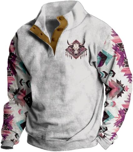DMOYALA Men's Western Sweatshirts Aztec Cowboy Vintage Graphic Sweatshirts Casual Long Sleeve Button Up Pullover Sweater in Kuwait