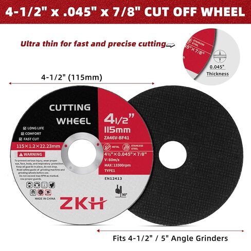 ZKH 50 حزمة قطع العجلات 4 1/2 بوصة، معدن رفيع وعجلة قطع من الفولاذ المقاوم للصدأ/INOX، قرص قطع معدني قوي ومتين لمطحنة الزوايا، 4.5 بوصة × .045 بوصة × 7/8 بوصة in Kuwait