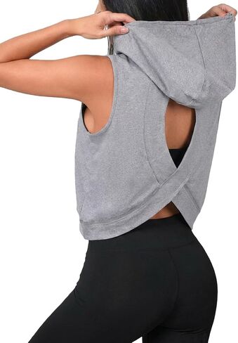 SOFIA'S CHOICE Women Cross Back Workout Tops Sleeveless Hoodie Athletic Hooded Cropped Tank Top in Kuwait