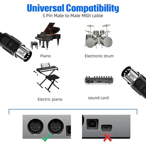 2 حزمة كابل MIDI بطول 1.6 قدم، كابل MIDI ذكر إلى ذكر 5 دبابيس للوحة مفاتيح MIDI، البيانو الإلكتروني، الطبلة الإلكترونية in Kuwait