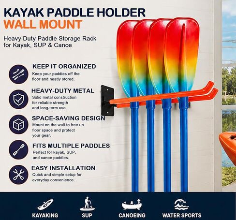 Kayak Paddle Holder Wall Mount – Heavy Duty Paddle Storage Rack for Kayak, SUP & Canoe | Metal Hooks Indoor Garage Organizer for Paddles & Water Sports Gear in Kuwait