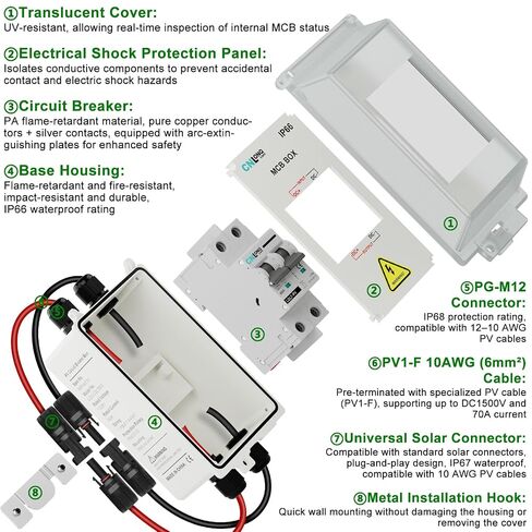CNLONQ IP66 مفتاح فصل الطاقة الشمسية الكهروضوئية 40A 1000V DC مع كابل PV | صندوق قاطع دائرة التيار المستمر مع موصل التوصيل والتشغيل وخطاف التثبيت للأنظمة الكهروضوئية الخارجية والألواح الشمسية والمركبات الترفيهية والمنزل وخارج الشبكة in Kuwait