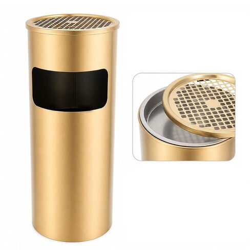 Gold Floor Standing Trash Can with Ashtray, 3.3Gal Outdoor Waste Bin | Outdoor Trash Can, outdoor ashtray for yards, terraces, gardens, offices, 201 Stainless Steel, Iron, 9.8 L*9.8 W*24in H in Kuwait