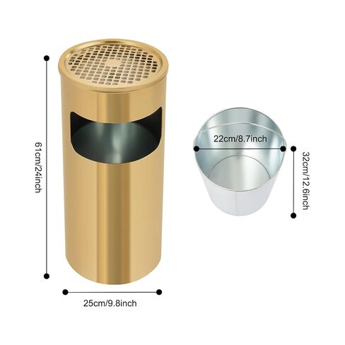 Gold Floor Standing Trash Can with Ashtray, 3.3Gal Outdoor Waste Bin | Outdoor Trash Can, outdoor ashtray for yards, terraces, gardens, offices, 201 Stainless Steel, Iron, 9.8 L*9.8 W*24in H in Kuwait