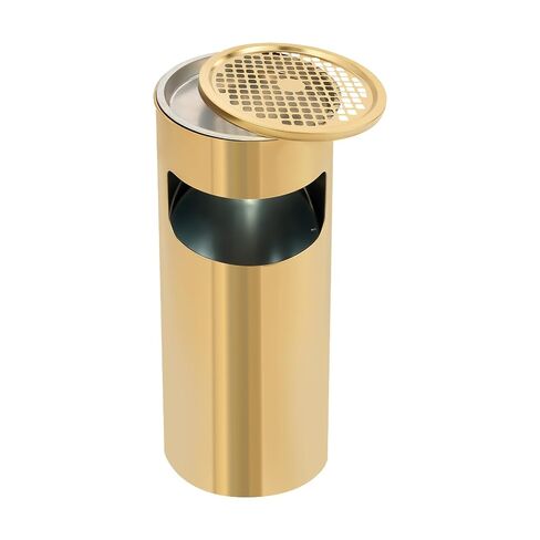 Gold Floor Standing Trash Can with Ashtray, 3.3Gal Outdoor Waste Bin | Outdoor Trash Can, outdoor ashtray for yards, terraces, gardens, offices, 201 Stainless Steel, Iron, 9.8 L*9.8 W*24in H in Kuwait