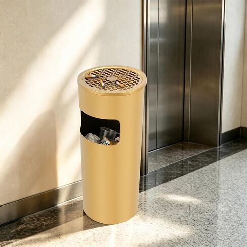 Gold Floor Standing Trash Can with Ashtray, 3.3Gal Outdoor Waste Bin | Outdoor Trash Can, outdoor ashtray for yards, terraces, gardens, offices, 201 Stainless Steel, Iron, 9.8 L*9.8 W*24in H in Kuwait