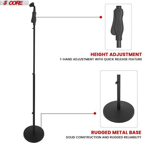 5 Core Microphone Stand Floor Universal Mic Mount Holder Adjustable 57" w Stable Round Base Quick Setting Secure Lock Portable for On Stage and Studio Use Black in Kuwait