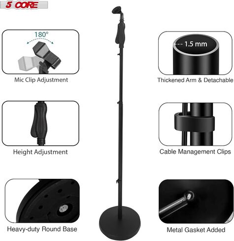 5 Core Microphone Stand Floor Universal Mic Mount Holder Adjustable 57" w Stable Round Base Quick Setting Secure Lock Portable for On Stage and Studio Use Black in Kuwait