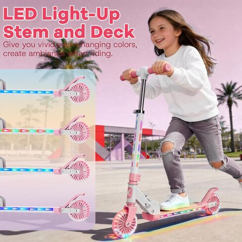 2 Wheel Scooter for Kids 3-12, Light Up Wheels & LED Stem Kick Scooter, Height Adjustable & Foldable Design, Lightweight Sport Scooter for Girls Boys with Kickstand in Kuwait