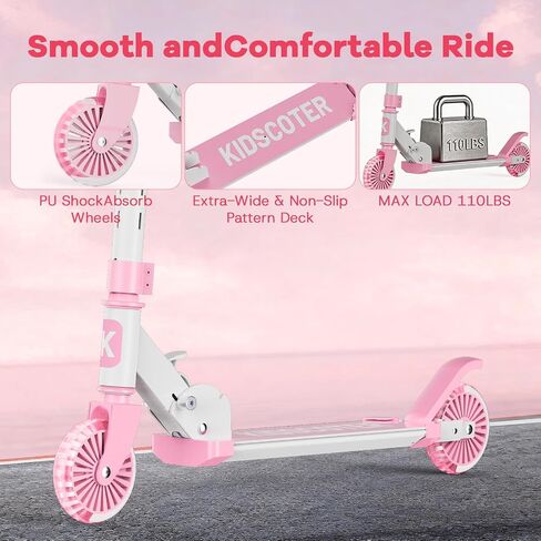 2 Wheel Scooter for Kids 3-12, Light Up Wheels & LED Stem Kick Scooter, Height Adjustable & Foldable Design, Lightweight Sport Scooter for Girls Boys with Kickstand in Kuwait