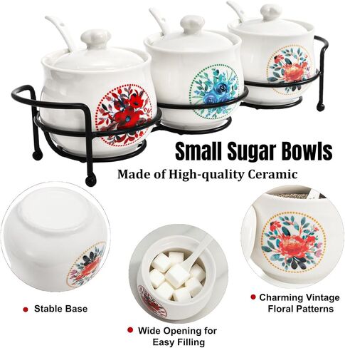 3 Pcs Ceramic Condiment Jars, 7 Oz Small Sugar Bowls with Lids Spoons and Shelf, Round Spice Container Pot Set for Salt Pepper, Empty Seasoning Box for Kitchen Restaurant Home, White in Kuwait