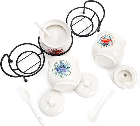 3 Pcs Ceramic Condiment Jars, 7 Oz Small Sugar Bowls with Lids Spoons and Shelf, Round Spice Container Pot Set for Salt Pepper, Empty Seasoning Box for Kitchen Restaurant Home, White in Kuwait