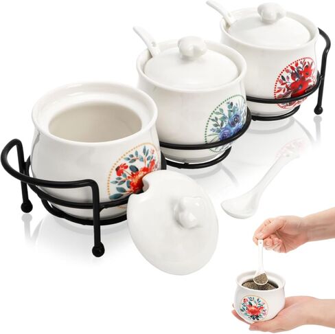 3 Pcs Ceramic Condiment Jars, 7 Oz Small Sugar Bowls with Lids Spoons and Shelf, Round Spice Container Pot Set for Salt Pepper, Empty Seasoning Box for Kitchen Restaurant Home, White in Kuwait