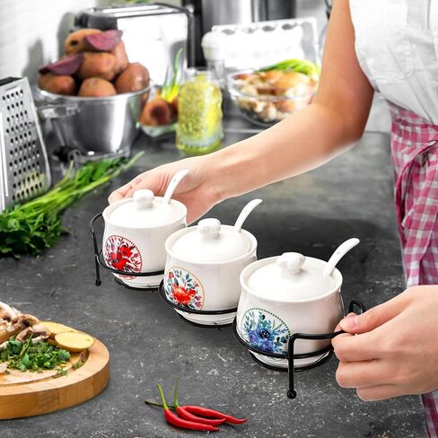 3 Pcs Ceramic Condiment Jars, 7 Oz Small Sugar Bowls with Lids Spoons and Shelf, Round Spice Container Pot Set for Salt Pepper, Empty Seasoning Box for Kitchen Restaurant Home, White in Kuwait