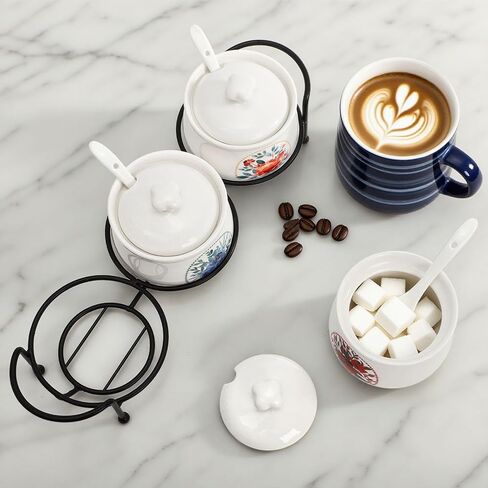 3 Pcs Ceramic Condiment Jars, 7 Oz Small Sugar Bowls with Lids Spoons and Shelf, Round Spice Container Pot Set for Salt Pepper, Empty Seasoning Box for Kitchen Restaurant Home, White in Kuwait