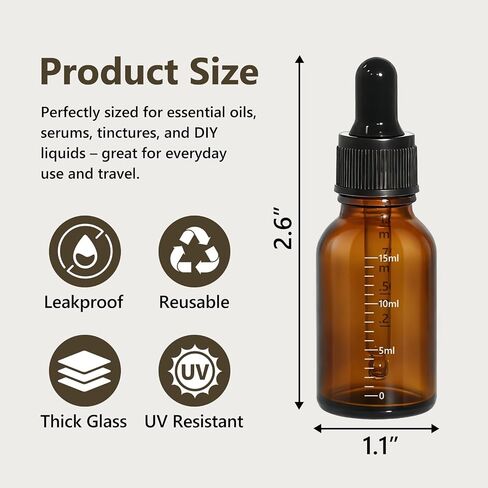 48 Pack 0.5oz Dark Amber Dropper Bottles with Measurement, 15ml Leakproof Tincture Bottles with Eye Dropper for Essential Oils, Perfume, Hair Oil, Liquids in Kuwait