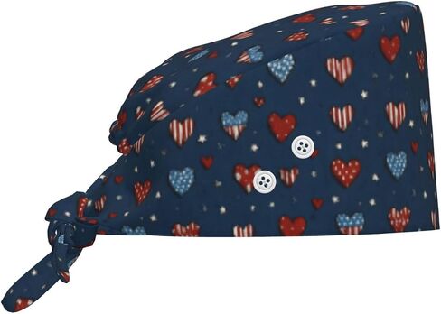 Patriotic USA Heart Star B Print Scrub Caps Women Men, Adjustable Nurse Cap Surgical Caps Scrub Hats for Women Men, Working Cap with Buttons for Hanging Face Masks Black in Kuwait