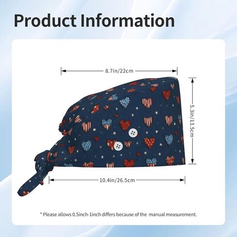 Patriotic USA Heart Star B Print Scrub Caps Women Men, Adjustable Nurse Cap Surgical Caps Scrub Hats for Women Men, Working Cap with Buttons for Hanging Face Masks Black in Kuwait