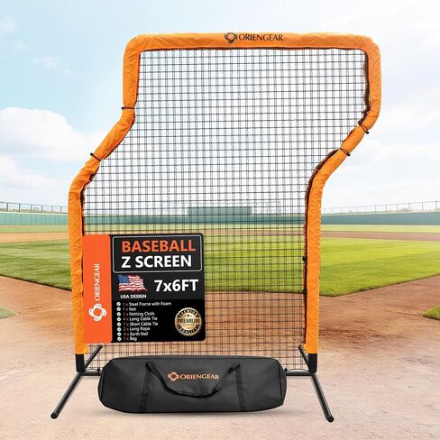 شاشة Z من ORIENGEAR مقاس 7'x6' للبيسبول والكرة اللينة، غلاف برتقالي مدمج مع بطانة EVA مدمجة لمنع الإصابة بالتصادم، شبكة PE شديدة التحمل مع حقيبة حمل للتخزين in Kuwait