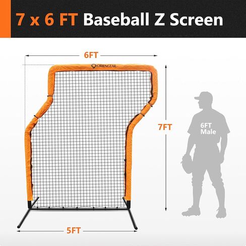 شاشة Z من ORIENGEAR مقاس 7'x6' للبيسبول والكرة اللينة، غلاف برتقالي مدمج مع بطانة EVA مدمجة لمنع الإصابة بالتصادم، شبكة PE شديدة التحمل مع حقيبة حمل للتخزين in Kuwait