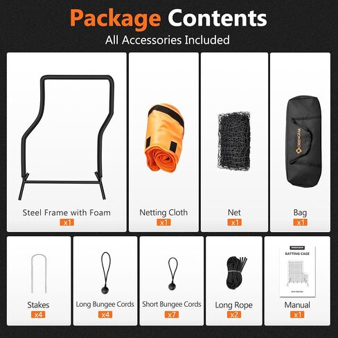 شاشة Z من ORIENGEAR مقاس 7'x6' للبيسبول والكرة اللينة، غلاف برتقالي مدمج مع بطانة EVA مدمجة لمنع الإصابة بالتصادم، شبكة PE شديدة التحمل مع حقيبة حمل للتخزين in Kuwait