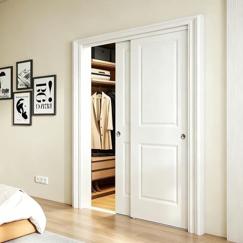 JUBEST 48x80 في باب خزانة منزلق، لوح باب مربع مرتفع مكون من لوحتين باللون الأبيض مع مجموعات الأجهزة ولفافة مطابقة، مثقوبة مسبقًا وقابلة للطلاء، موفرة للمساحة لغسيل غرفة النوم in Kuwait