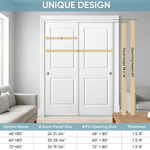 JUBEST 48x80 في باب خزانة منزلق، لوح باب مربع مرتفع مكون من لوحتين باللون الأبيض مع مجموعات الأجهزة ولفافة مطابقة، مثقوبة مسبقًا وقابلة للطلاء، موفرة للمساحة لغسيل غرفة النوم in Kuwait