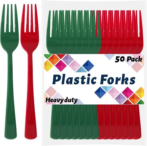 CXPSINC Red Plastic Forks Disposable, 50 Count - 7.28 Inch Heavy Duty Disposable Cutlery Utensils Solid for Party, Picnic, Catering, Daily Use & More (Red) in Kuwait
