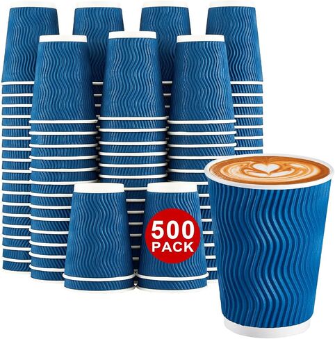 Lamosi 500-Count 12 oz Insulated Paper Coffee Cups Bulk, Disposable Corrugated Cups 12oz, Kraft Ripple Wall Design for Hot Beverage or Cold Drink Office Home Party Travel Cafe (Navy) in Kuwait
