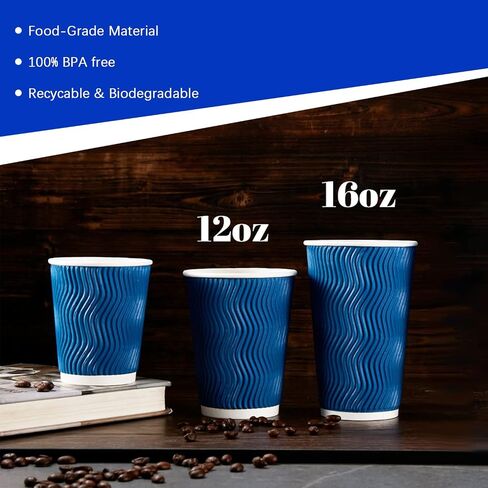 Lamosi 500-Count 12 oz Insulated Paper Coffee Cups Bulk, Disposable Corrugated Cups 12oz, Kraft Ripple Wall Design for Hot Beverage or Cold Drink Office Home Party Travel Cafe (Navy) in Kuwait