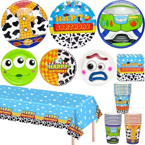 Birthday Decorations Party Supplies, Toy Theme Birthday Party Favors 97 Pcs Including Disposable Dinnerware Set Tablecloth Paper Plates Cups Napkin, Serves 24 Guest in Kuwait