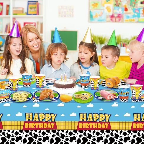Birthday Decorations Party Supplies, Toy Theme Birthday Party Favors 97 Pcs Including Disposable Dinnerware Set Tablecloth Paper Plates Cups Napkin, Serves 24 Guest in Kuwait