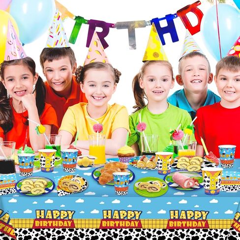 Birthday Decorations Party Supplies, Toy Theme Birthday Party Favors 97 Pcs Including Disposable Dinnerware Set Tablecloth Paper Plates Cups Napkin, Serves 24 Guest in Kuwait