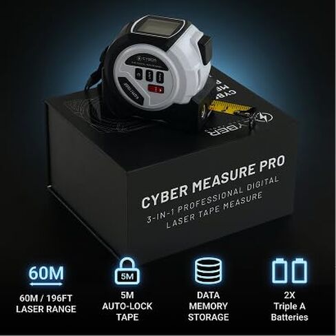 Cyber Measure Pro 3-in-1 Digital Tape Measure with Laser Measurement, Belt Clip & Screwdriver, Battery Powered (2X AAA) – Precision Measuring Tool for Home & Professional Use in Kuwait