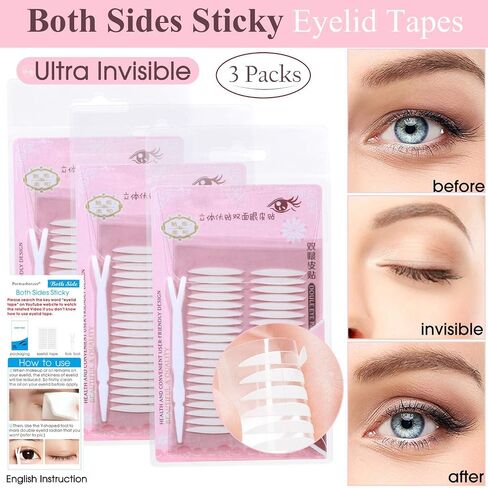 3 Packs Ultra Invisible Two-Sided Sticky Double Eyelid Tapes Stickers, Medical-use Adhesive Fiber, Eyelid Without Surgery Perfect for Heavy Saggy, Hooded, Droopy, Uneven, Mono-eyelids in Kuwait