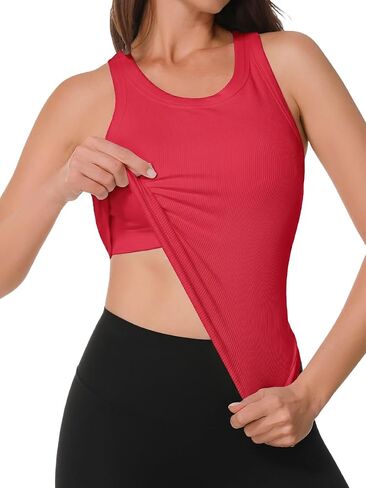 قميص UG Active بدون أكمام للنساء مع حمالات صدر مدمجة، قمصان صيفية مبطنة ومضلعة بدون خياطة للتمرين كامي نحيف أساسي in Kuwait