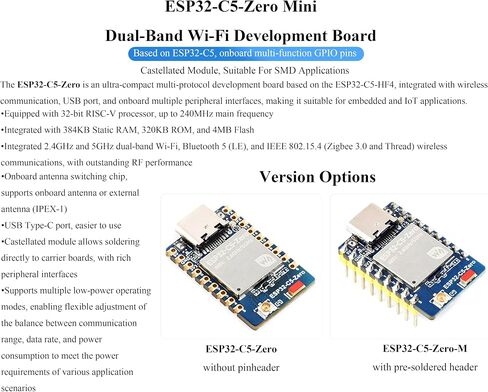 ESP32-C5 Mini Development Board, Equipped with 32-bit RISC-V Processor, Support 2.4GHz and 5GHz Dual-Band Wi-Fi/Bluetooth 5/ Thread/Zigbee, Onboard GPIO Pins, Antenna, Suitable for SMD Applications in Kuwait
