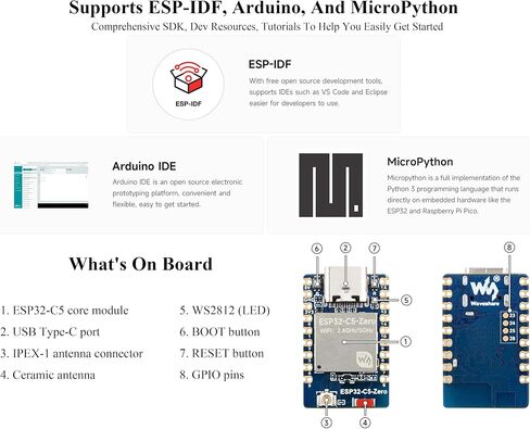 ESP32-C5 Mini Development Board, Equipped with 32-bit RISC-V Processor, Support 2.4GHz and 5GHz Dual-Band Wi-Fi/Bluetooth 5/ Thread/Zigbee, Onboard GPIO Pins, Antenna, Suitable for SMD Applications in Kuwait