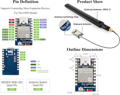 ESP32-C5 Mini Development Board, Equipped with 32-bit RISC-V Processor, Support 2.4GHz and 5GHz Dual-Band Wi-Fi/Bluetooth 5/ Thread/Zigbee, Onboard GPIO Pins, Antenna, Suitable for SMD Applications in Kuwait