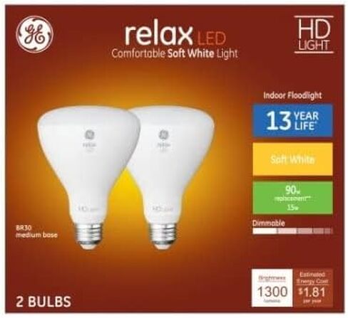استبدال GE Relax HD LED 90 وات، أبيض ناعم، BR30 مصابيح كشاف داخلية (عبوتان) in Kuwait