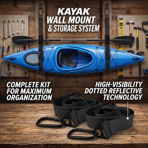أشرطة تخزين رافعة مثبتة على الحائط من Kayak Canoe SUP، بعرض 1.5 بوصة | حزام نظام تعليق رافعة سقف المرآب، سعة 80 رطل، حامل مجداف in Kuwait