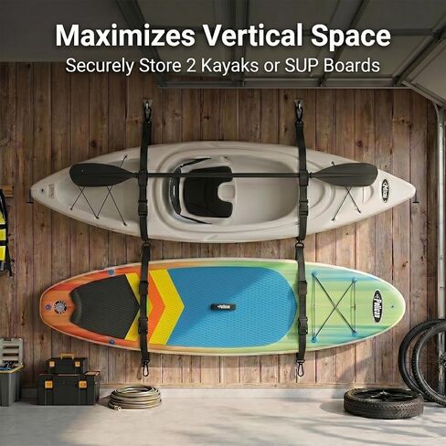 أشرطة تخزين رافعة مثبتة على الحائط من Kayak Canoe SUP، بعرض 1.5 بوصة | حزام نظام تعليق رافعة سقف المرآب، سعة 80 رطل، حامل مجداف in Kuwait