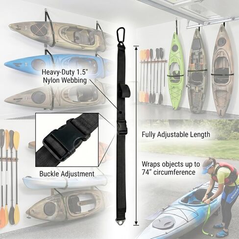 أشرطة تخزين رافعة مثبتة على الحائط من Kayak Canoe SUP، بعرض 1.5 بوصة | حزام نظام تعليق رافعة سقف المرآب، سعة 80 رطل، حامل مجداف in Kuwait