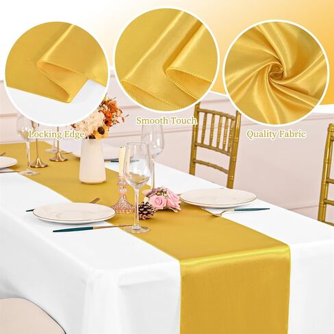 Pesonlook 12 Pack Gold Satin Silk Table Runner 12 x 108 Inch, Long Smooth Silk Table Runners for Wedding, Banquets, Birthday Party, Graduations in Kuwait